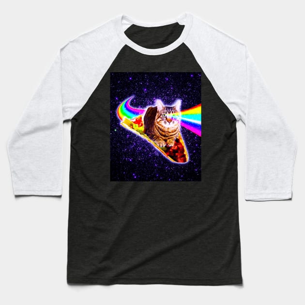 Rainbow Laser Eyes Galaxy Cat Riding Taco Baseball T-Shirt by Random Galaxy